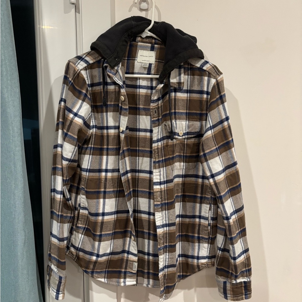 American Eagle Brown and White Plaid Shirt with Hood